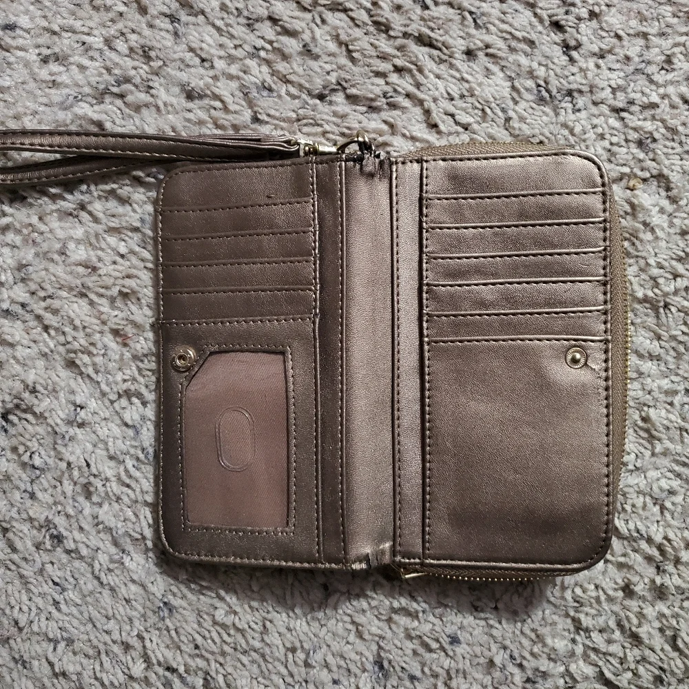 Target brown metallic flower applique clutch wallet wrist bag wristlet